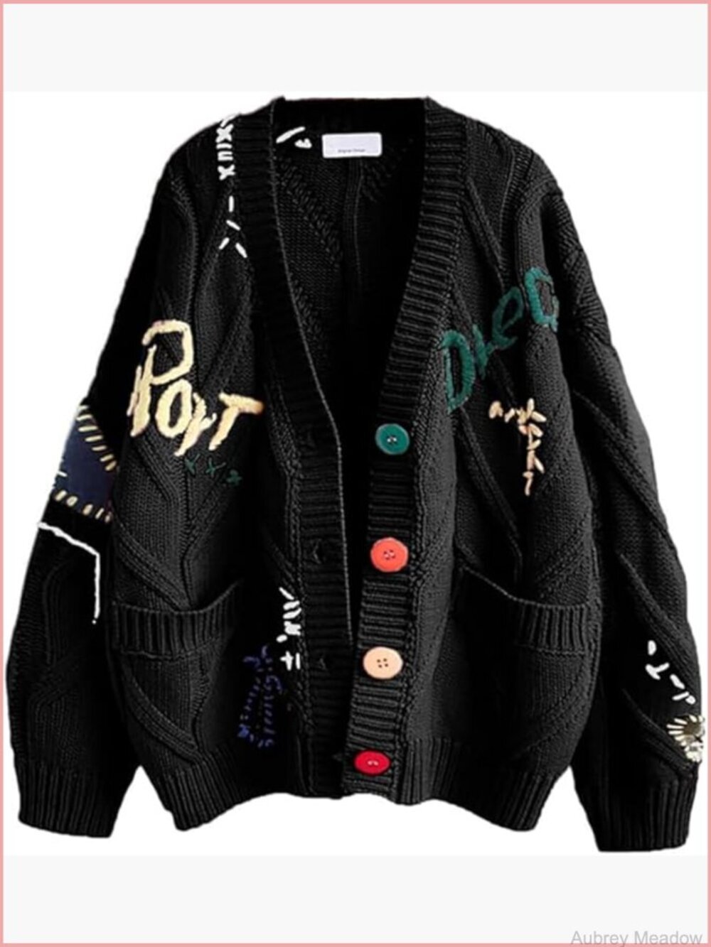 V-Neck Cable Knit Cardigan Sweater Embroidered Wool Blend Open Front Coat